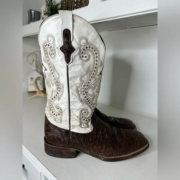 **SOLD**Ferrini Lizard Print Western Cowboy Boots Men’s 10.5 Brown & White - Picture 5 of 11